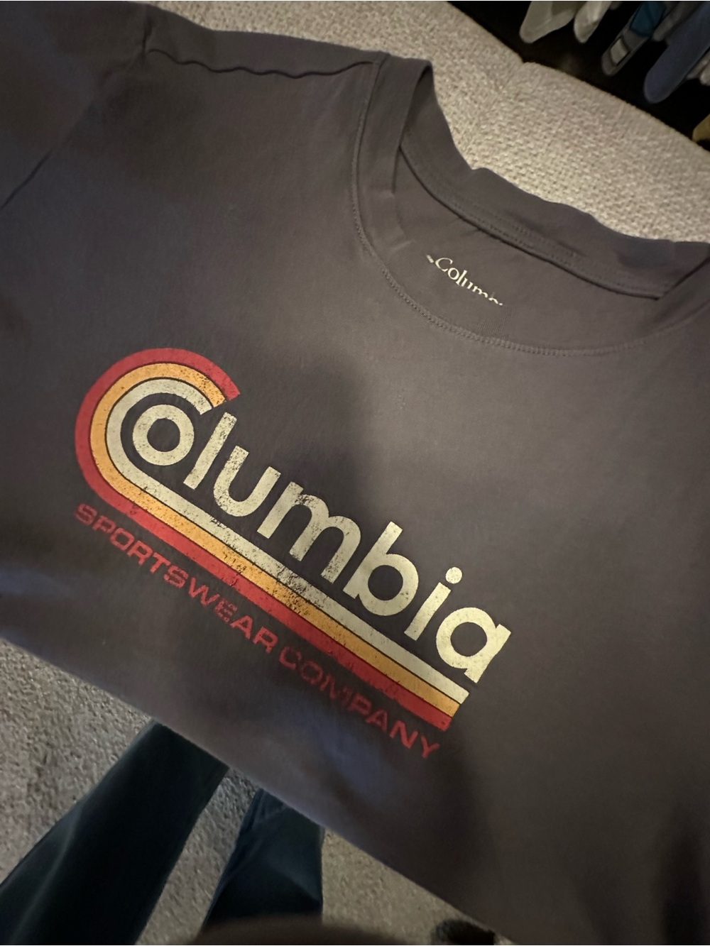 Columbia Women's Charcoal Brown Tee with Red and Yellow Retro Logo